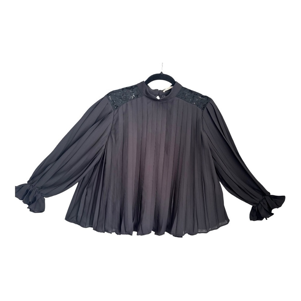 Black Pleated Chiffon Blouse | Lace Detail Mock Neck | Medium Romantic Flowy Top - Picture 4 of 13